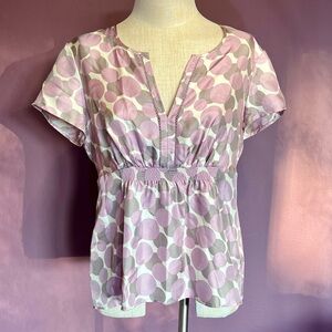 Boden Silk Lavender & Gray Polka Dots Short Sleeve Smocked
Blouse Top
